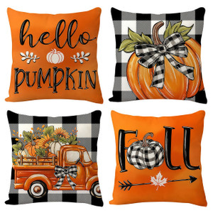 NEW 2509 Thanksgiving Pumpkin checkered decorative pillowcases 45cmx45cm 4 pieces 9805