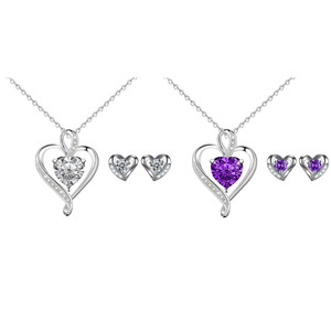 NEW 2510 ELLA's Light Luxury Design Heart-Shaped Diamond-Encrusted Pendant Jewelry Set Necklace & Earrings 9845