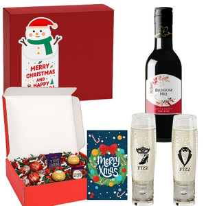 Classic Christmas Hamper Gift Box – Mini Red Wine, Premium Chocolates  and Celebration Glasses