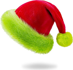 ROSAUI Grinch-Inspired Santa Hat for Adults – Red Velvet & Neon Green Faux Fur, Funny Christmas Hat with Stretchable Fit, Soft Plush Santa Cap for Parties, Costumes & Holiday Photos