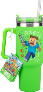 Paladone Minecraft Steve & Creeper 30 oz Green Insulated Cup and Straw, Officially Licensed Tumbler Travel Cup with Handle for Iced Tea or Coffee, Gaming Merchandise