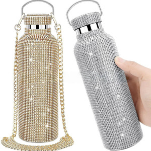 NEW 2512 Luxury Bling Rhinestone Stainless Steel Insulated Water Bottle with Chain (500ml) B010