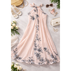 Floral Chiffon Halter Neck Maxi Dress – Sleeveless Summer Dress 9994