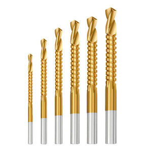 NEW 2603 6PCS Titanium Coated HSS Twist Drill Bit Set, Serrated Wood Drill Bits 3-8mm, 135° Split Point, Round Shank, Fast Cutting & Anti-Splinter B080