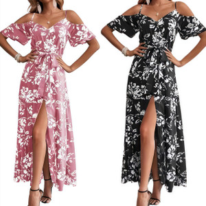 NEW 2604 Women's Floral Boho Maxi Dress Spaghetti Strap V Neck Irregular Hem Summer Beach Slip Dress  J082