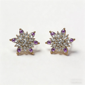 NEW 2604 Exquisite Snowflake Earrings, Handmade Sparkling Purple Austrian Crystal & Cubic Zirconia Stud Earrings for Women J092