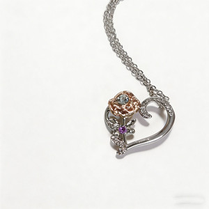NEW 2604 Two Tone Alloy Heart Rose Pendant Necklace, Handmade with Purple Austrian Crystal & Cubic Zirconia, Dainty Elegant Necklace for Women J094