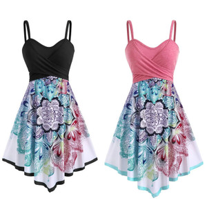 NEW 2604 Women's Vacation Floral Spliced Spaghetti Strap Irregular Hem Sundress  Y075