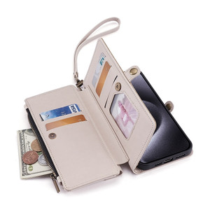 NEW 2605 iPhone 17 Leather Wallet Case Crossbody RFID Flip Cover with Zipper Pocket & Kickstand Strap B135