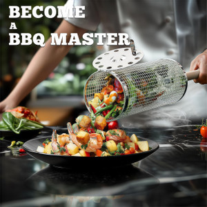 NEW 2605 2PCS Stainless Steel Rolling Grilling Basket Set BBQ Grill Cylinder Mesh Tube for Meat Vegetables Seafood J135