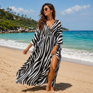 NEW 2605 Boho Zebra Print Beach Kaftan Dress – Lightweight Swim Cover Up for Women B148