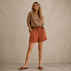 NEW 2605 Bohemian Linen Shorts with Crochet Lace Detail B154