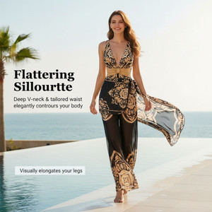 NEW 2605 3Pcs Women Baroque Print Swimsuit Set, One Piece Swimwear + Cover Up Skirt + Wide Leg Pants, Beach Holiday Outfit J156
