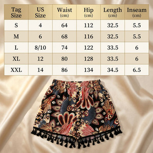 NEW 2606 Women Boho Peacock Feather Print Shorts, Elastic Waist Tassel Hem, Summer Beach Casual Wide Leg Shorts J162