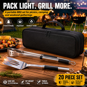 NEW 2606 20PCS BBQ Grill Tool Set with Storage Case – Stainless Steel Barbecue Accessories Kit for Outdoor Cooking & Camping B184
