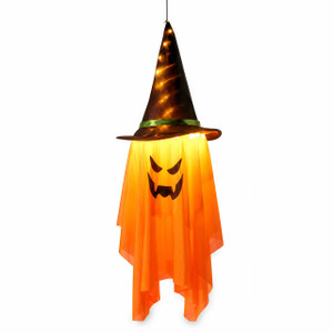 NEW 2607 LED Light Up Hanging Ghost with Witch Hat, Halloween Party Porch Doorway Decor J204