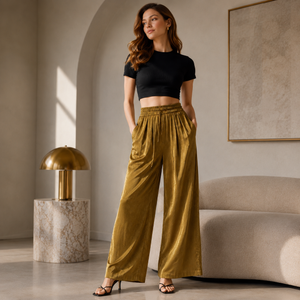 Antique Gold Women’s Ice Silk Cooling Wide-Leg Pants – Light & Comfortable   Y206