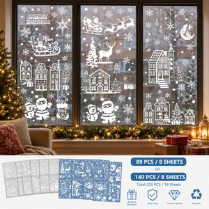 NEW 2608 Christmas Window Stickers – Reusable Static Cling Snowflake, Santa & Village Decals, 8 Sheets Festive Window Decorations, 89PCS or 140PCS Options