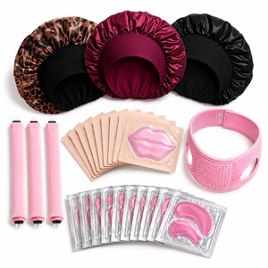 NEW 2609 27-Piece Overnight Beauty & Hair Care Set – 3 Satin Sleep Bonnets, 3 Heatless Curling Rods, V-Line Face Wrap, 10 Lip Masks & 10 Under-Eye Masks B253