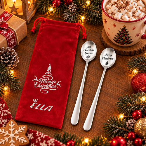 Set of 2 Christmas Greeting Long-Handle Spoons with Velvet Gift Pouch 9674