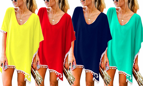 Pom-Poms Summer Bikini Cover Up Sarong Beach Dress Swimwear -1084la