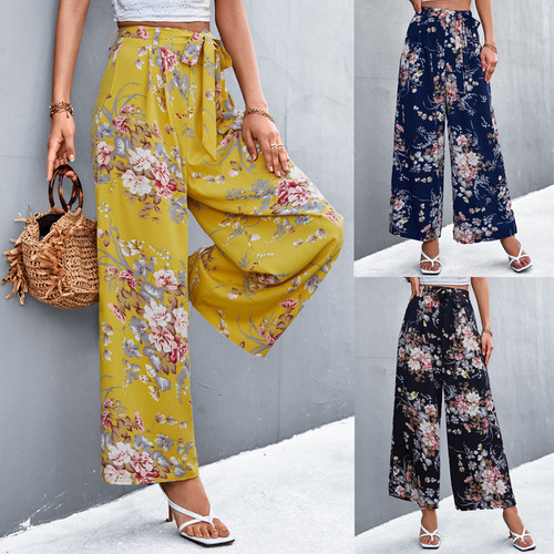 Flora Print Wide leg Summer Pants with belt-la