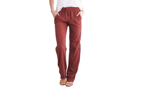 NEW   Solid Color Cotton Linen Drawstring Loose Casual Wide Leg Trousers 5525