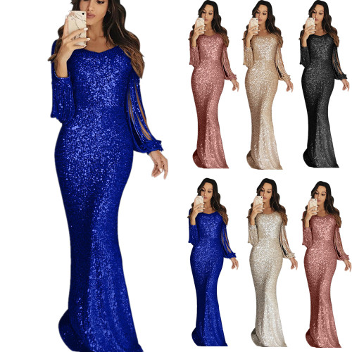 Tassel sleeve evening Sequin maxi dress 720