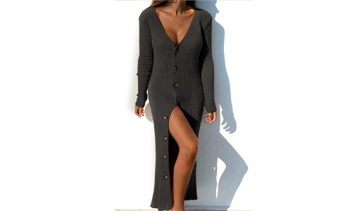 NEW Autumn Knit Rib Button Long Sleeve Cardigan Dress 5600