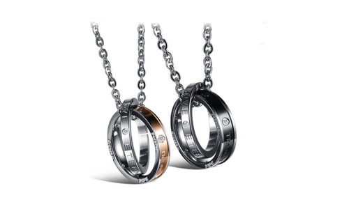 2304 NEW 2PC Double Ring Buckle Pendant Love Couple Necklace 6422