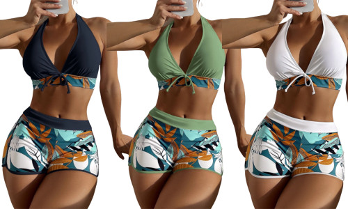 2304 NEW Split high waisted printed tie up flat angle swimsuit two-piece set 6693
