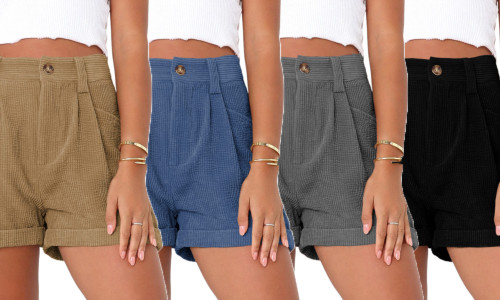 2304  NEW  Summer women's high waisted solid color corduroy loose fitting shorts 6859
