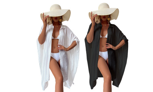 2307 NEW Solid color shirt style loose fitting beach bikini cover up swimsuit over cardigan 7505LA