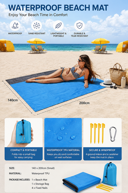 Waterproof Foldable Beach Mat with Storage Bag & Ground Stakes Y166