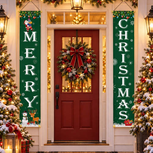 Green Merry Christmas Porch Hanging Banner Set 1030