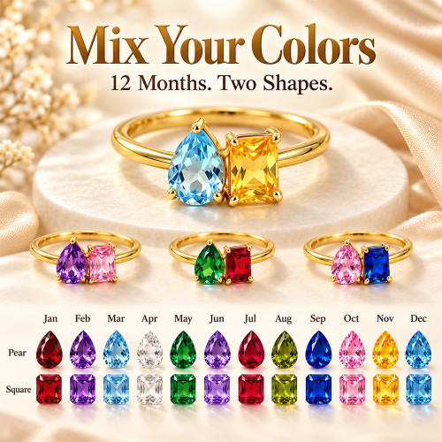 NEW 2609 Personalized Two-Stone Birthstone Ring – Choose Your Colors, Pear & Square Crystal Design B261