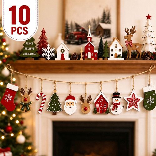 NEW 2610  10Pcs Wooden Christmas Garland Hanging Decorations Y272