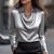 NEW 2601 Elegant Printed Minimalist Cowl Neck Shirt Collar Women's Blouse J038