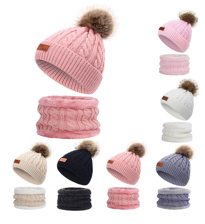 Winter Warm Kids Hat And Scarf Set Knitted Neck Warmer Beanie with Faux fur pom8786