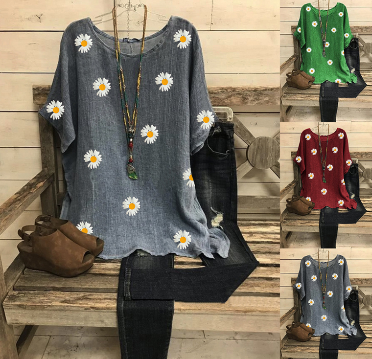 Daisy Print Cotton Linen Short Sleeve 3240