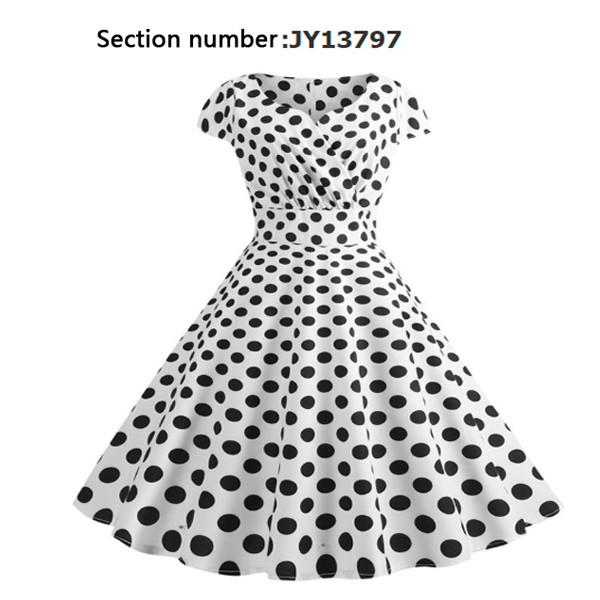 Short sleeve polka dot V-neck wrap chest retro print dress-LA