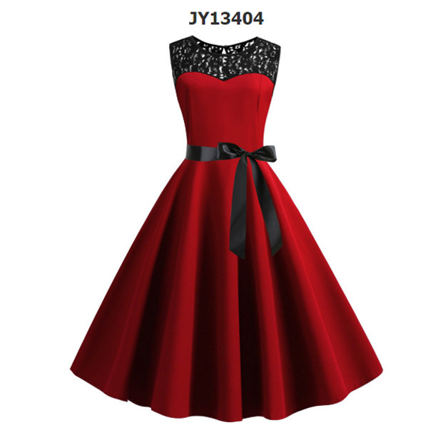 New retro sleeveless lace stitching solid color dress