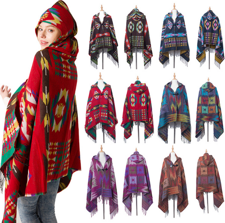 Fringe Hoodies Jacket Striped Cardigans Blankets Cape Shawl Poncho with Tassel