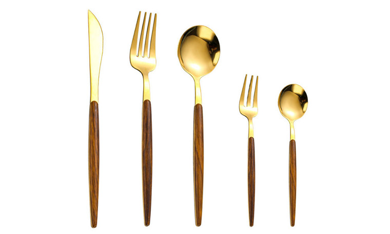 430 Stainless Steel Silver/Gold Western Knife Five Piece Set of Imitation Wood Tableware
