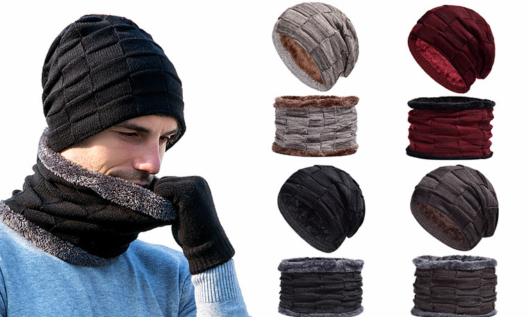Men Knitted Soft Fleece Winter Beanie Hat with Neck Warmer  3044