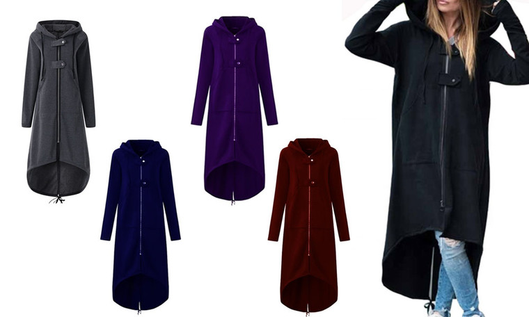 Women Winter New Long Section Plus Velvet Thick Irregular Hem Hooded Zipper Coat