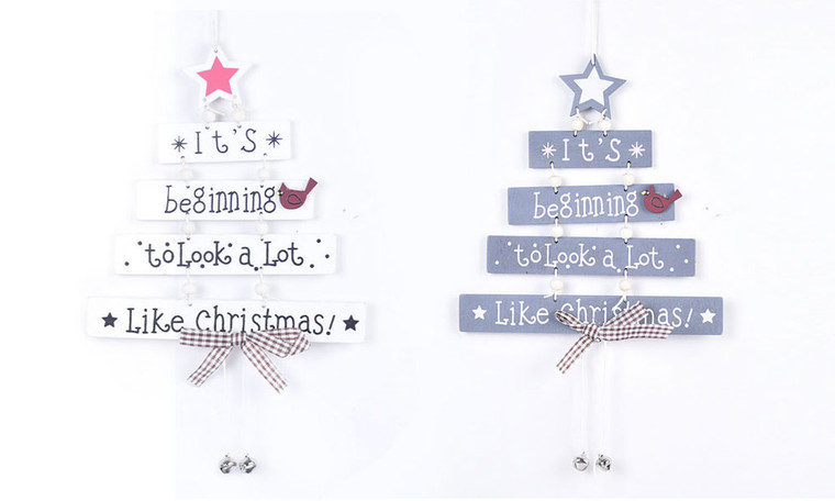  Creative Merry Christmas Tree Hanging Ornaments Wooden Star Letters Crafts with Bowknot Ring Bell Xmas Home Party Decoration-la