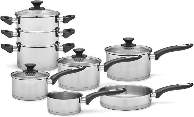 Morphy Richards 979024 Equip 8 Piece Pan Set with Bakelite Handles, Tempered Glass Lids, Stainless Steel