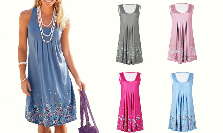 Women Dress Beach Dress Printing Sleeveless Round Collar A-Line Loose Summer Dress-1055LA