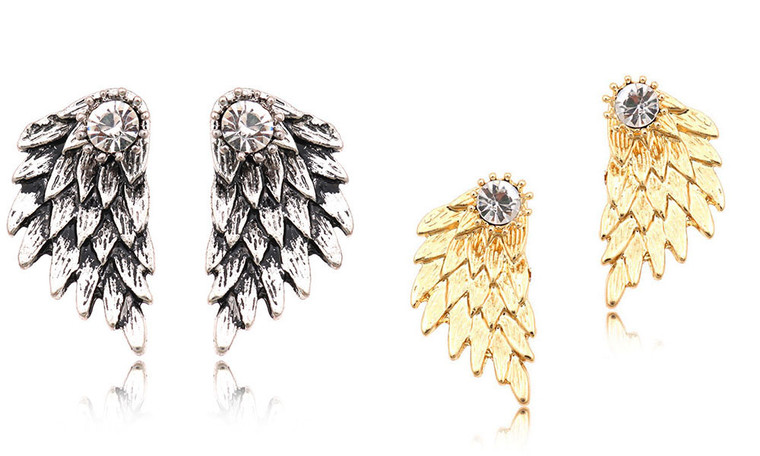 Retro Stereo Angel Wing Stud Earrings Feather Diamond-LA
